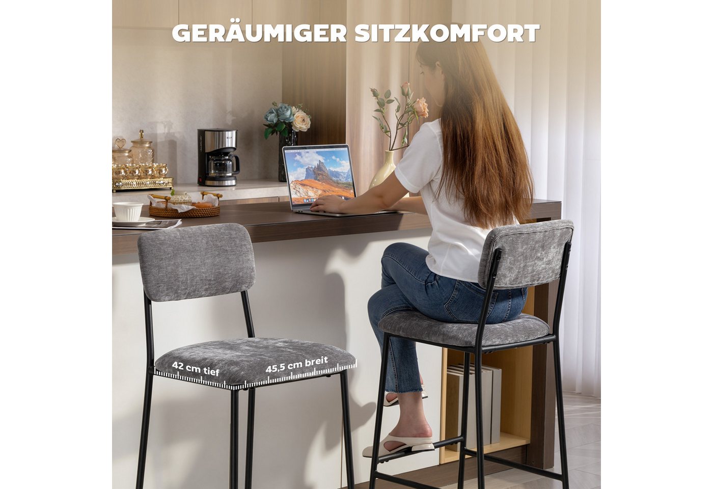 HOMCOM Barhocker mit Rückenlehne, Fußstütze (Barstuhl, 2 St., Bistrohocker), für Küche, Esszimmer, Grau – Bild 5 von 5
