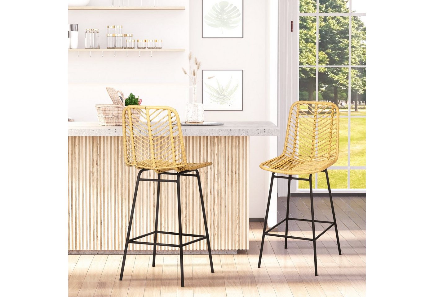 HOMCOM Barhocker Rattan Barhocker Satz (Barhocker, 2 St., Esszimmerstühle), Gelb+Schwarz 52 x 42,4 x 102 cm – Bild 2 von 5