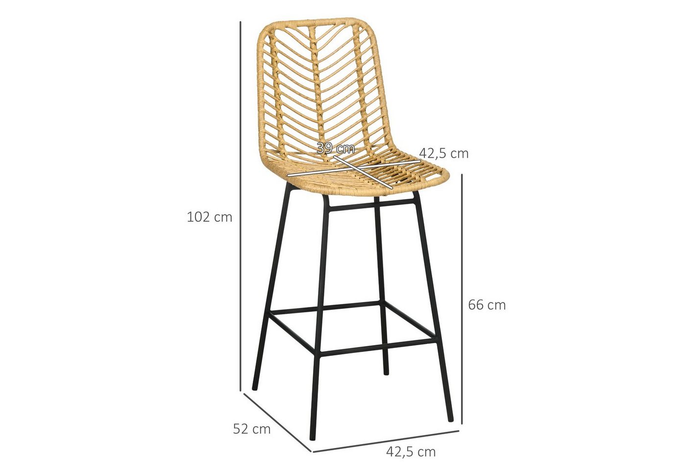 HOMCOM Barhocker Rattan Barhocker Satz (Barhocker, 2 St., Esszimmerstühle), Gelb+Schwarz 52 x 42,4 x 102 cm – Bild 3 von 5