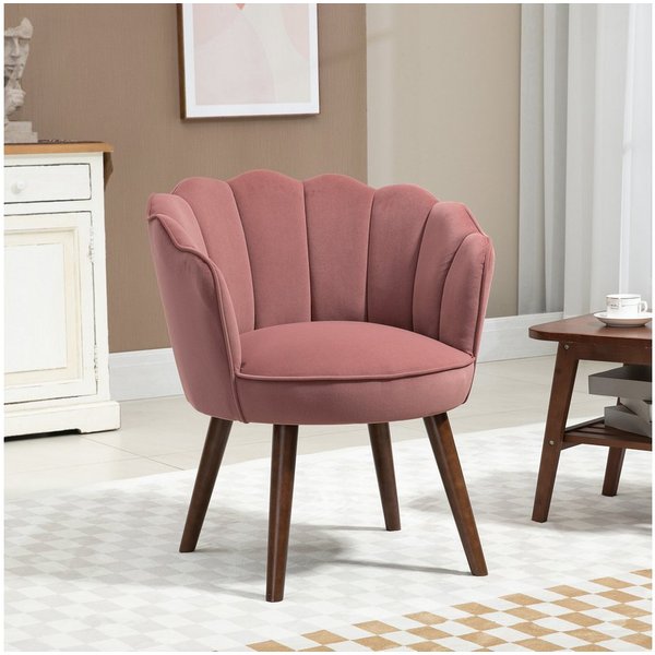 HOMCOM Barhocker Sessel Wohnzimmer in Muschelform mit Holzbeine (Wohnzimmerstuhl, 1 St., Esszimmerstuhl), Polyester Gummiholz Rosa 66 x 66 x 78,5 cm