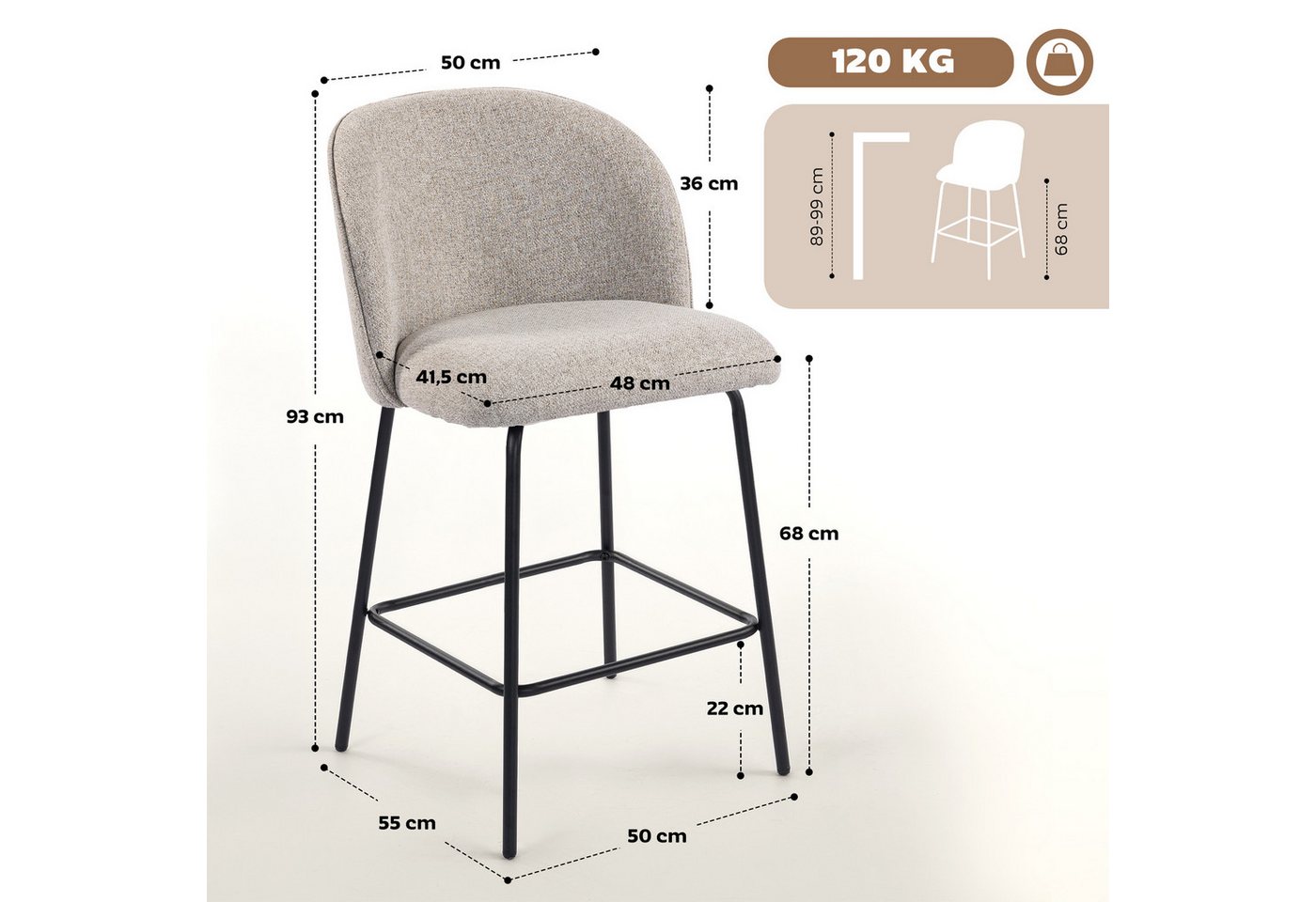 HOMCOM Barhocker Set mit Fußstütze, Lehne, Sitzhöhe 68 cm Loungesessel (Tresenhocker, 2 St., Barstuhl), für Küche, Wohnzimmer, Esszimmer Hellgrau – Bild 3 von 5