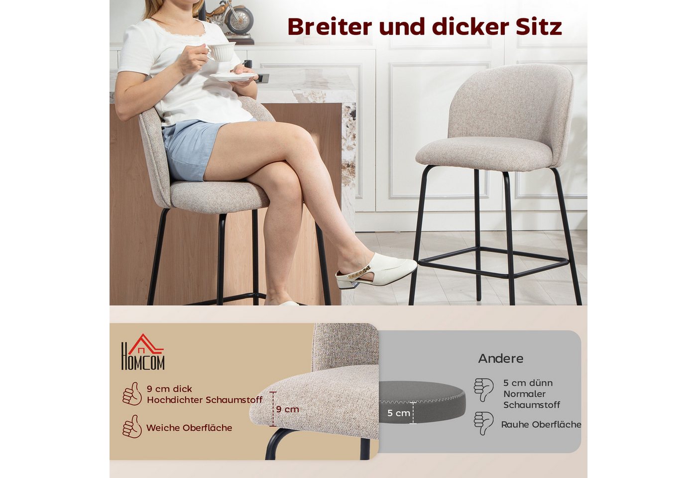 HOMCOM Barhocker Set mit Fußstütze, Lehne, Sitzhöhe 68 cm Loungesessel (Tresenhocker, 2 St., Barstuhl), für Küche, Wohnzimmer, Esszimmer Hellgrau – Bild 4 von 5