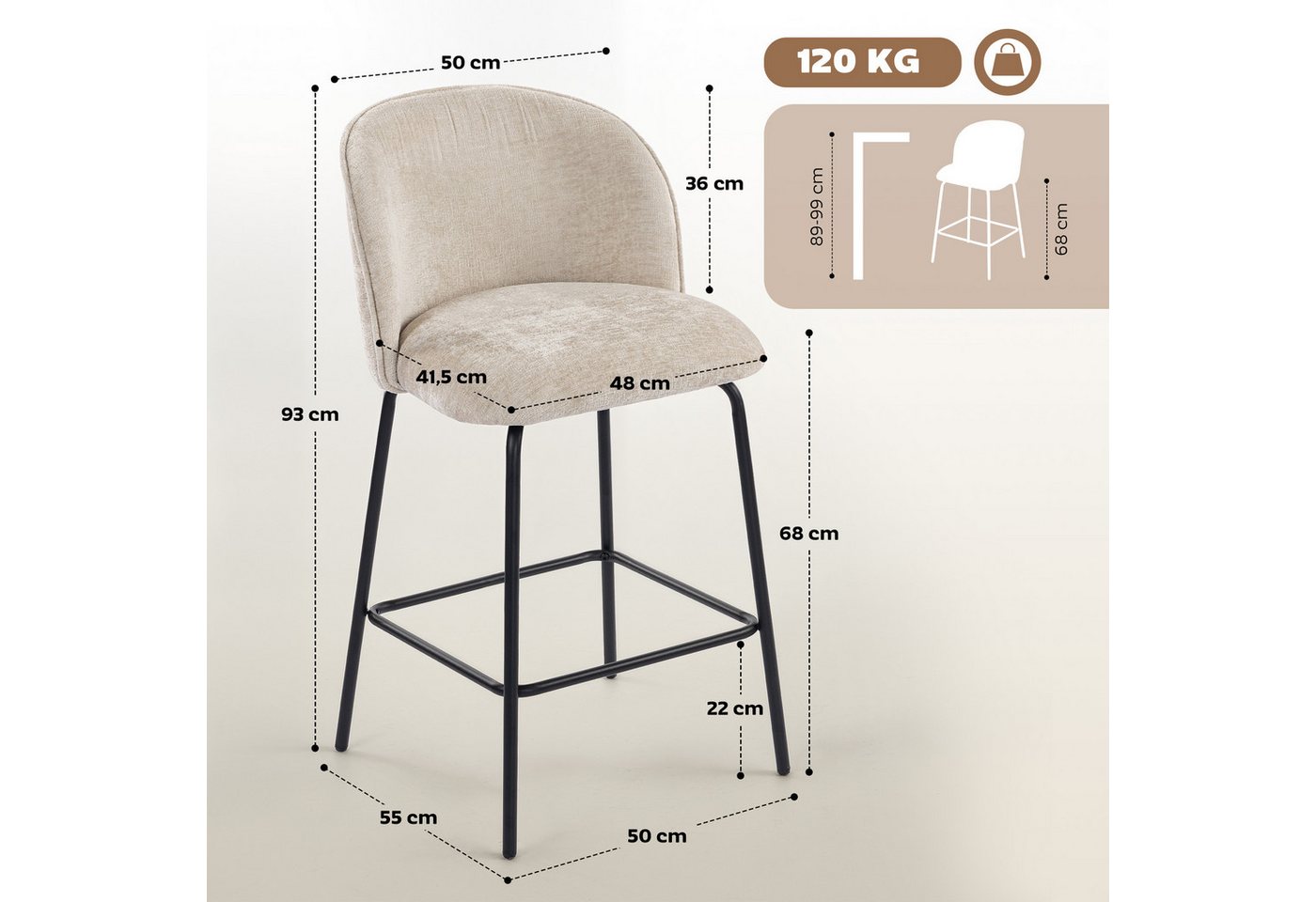 HOMCOM Barhocker Set mit Fußstütze, Lehne, Sitzhöhe 68 cm Loungesessel (Bistrohocker, 2 St., Barstuhl), für Esszimmer, Beige – Bild 3 von 5