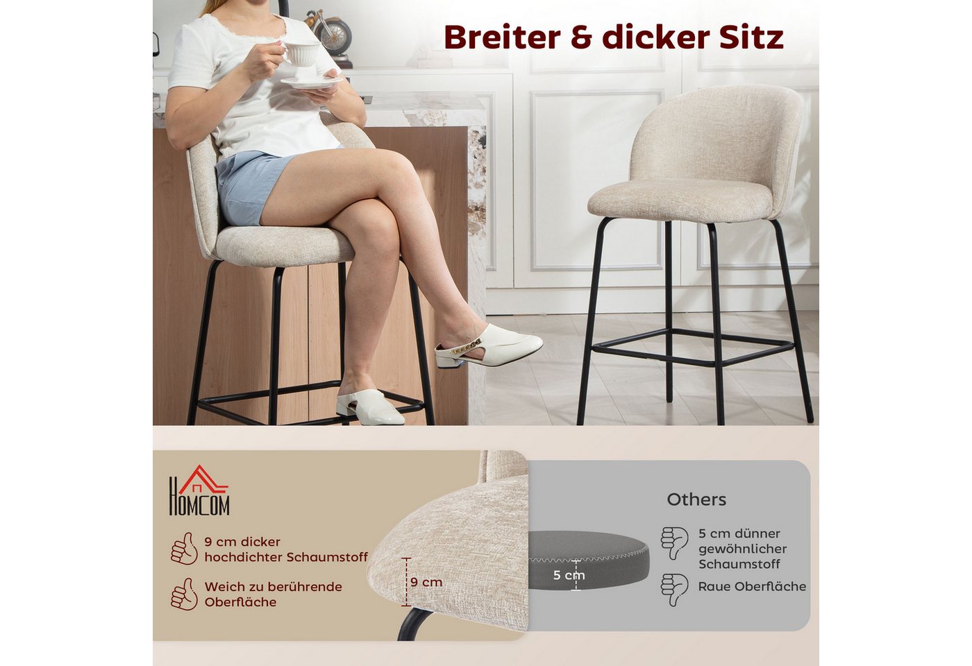 HOMCOM Barhocker Set mit Fußstütze, Lehne, Sitzhöhe 68 cm Loungesessel (Bistrohocker, 2 St., Barstuhl), für Esszimmer, Beige – Bild 4 von 5