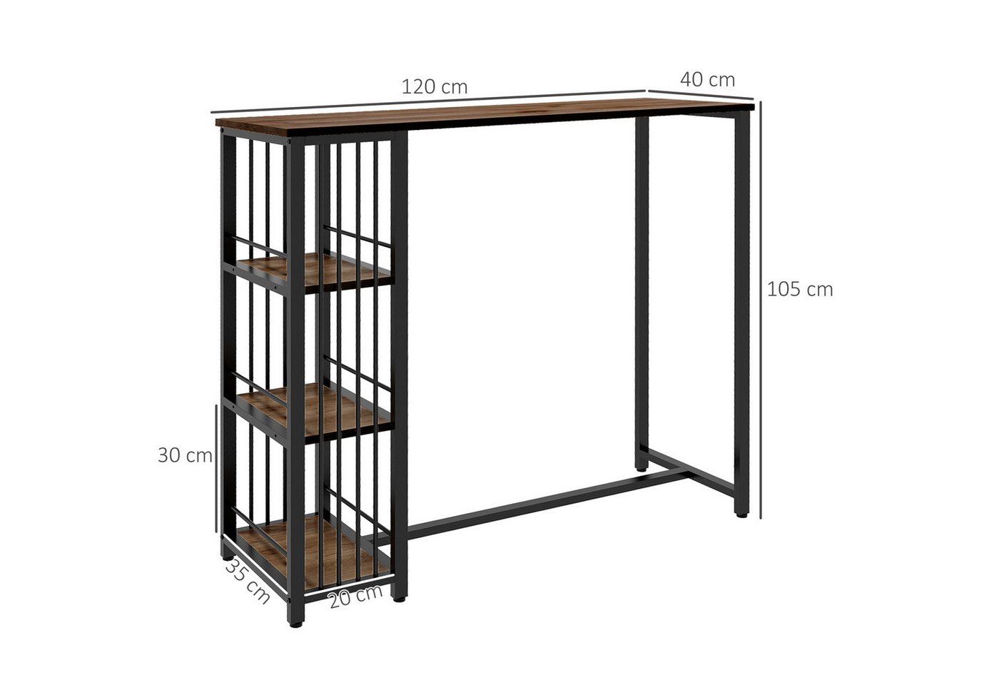 HOMCOM Bartisch Bartheke Küchentisch mit 3 Ablageflächen, Stahlgestell (Tresentisch, 1-St., Stehtisch), Küche, Braun, 120 x 40 x 105 cm – Bild 3 von 5