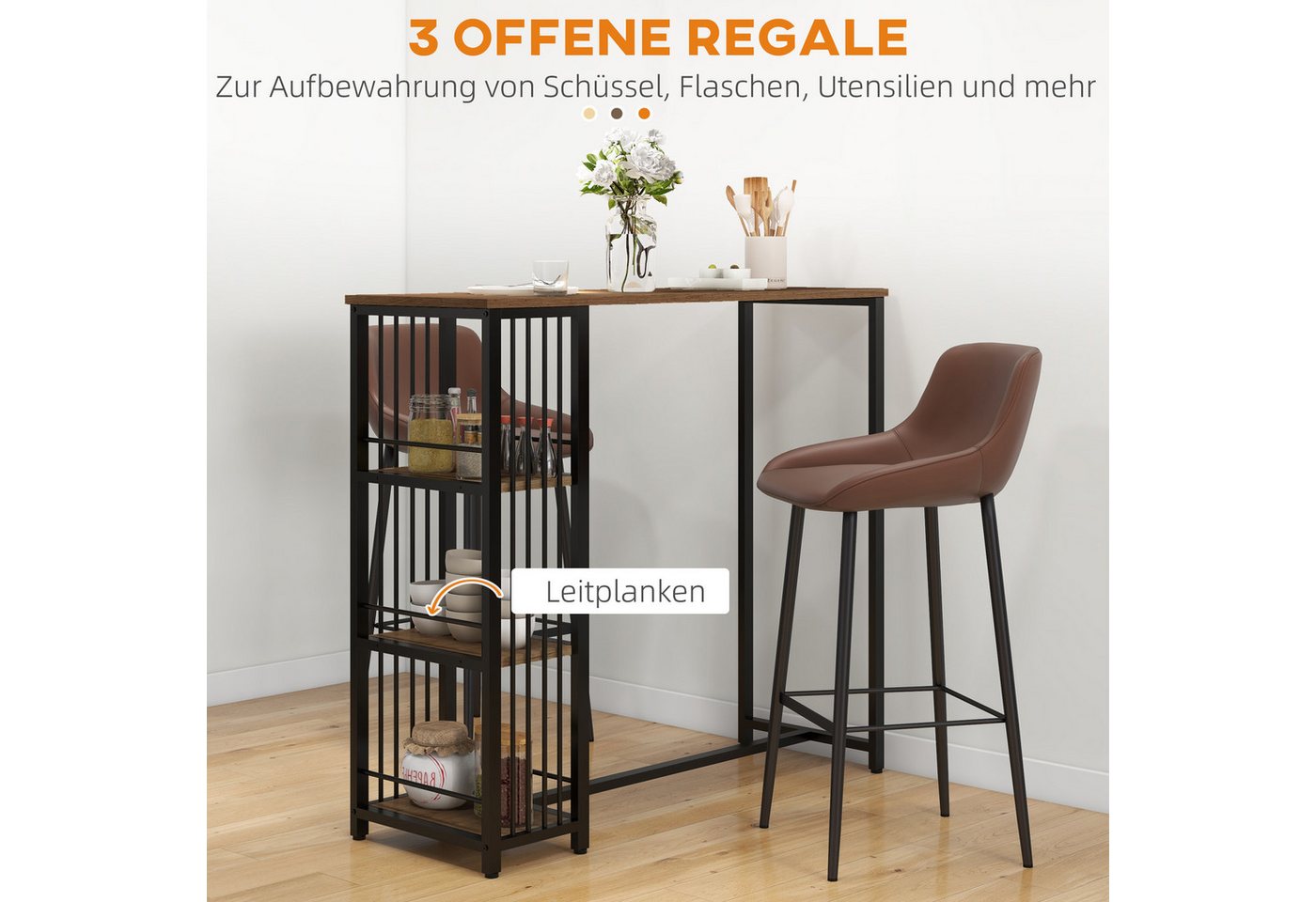 HOMCOM Bartisch Bartheke Küchentisch mit 3 Ablageflächen, Stahlgestell (Tresentisch, 1-St., Stehtisch), Küche, Braun, 120 x 40 x 105 cm – Bild 4 von 5
