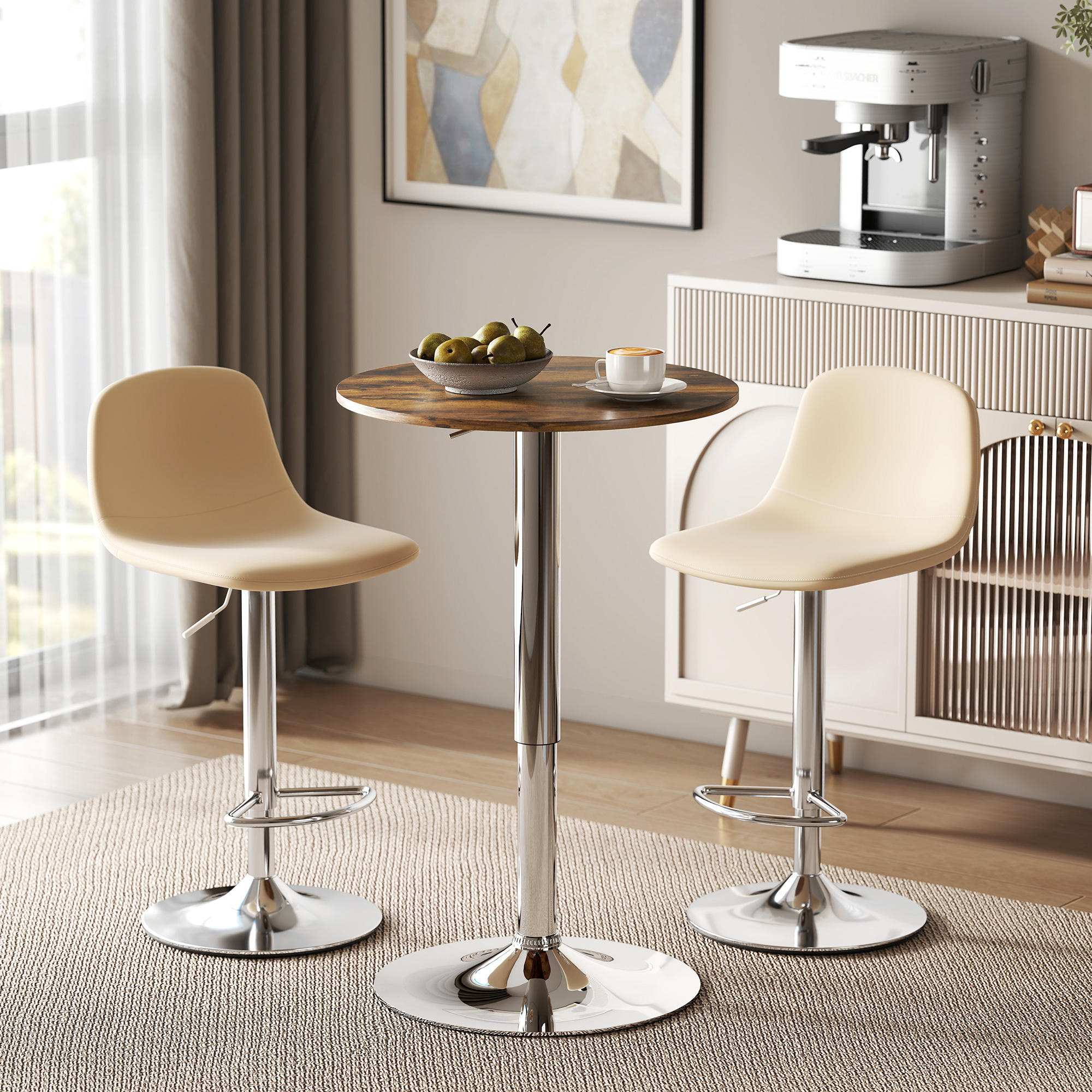 HOMCOM Bartisch Bistro-Stehtisch schick Zeitgenössischer Stil Höhenverstellbar 67-93 cm Ø 60 cm Drehplatte 360° verchromtes Metall braun Aosom – Bild 2 von 2