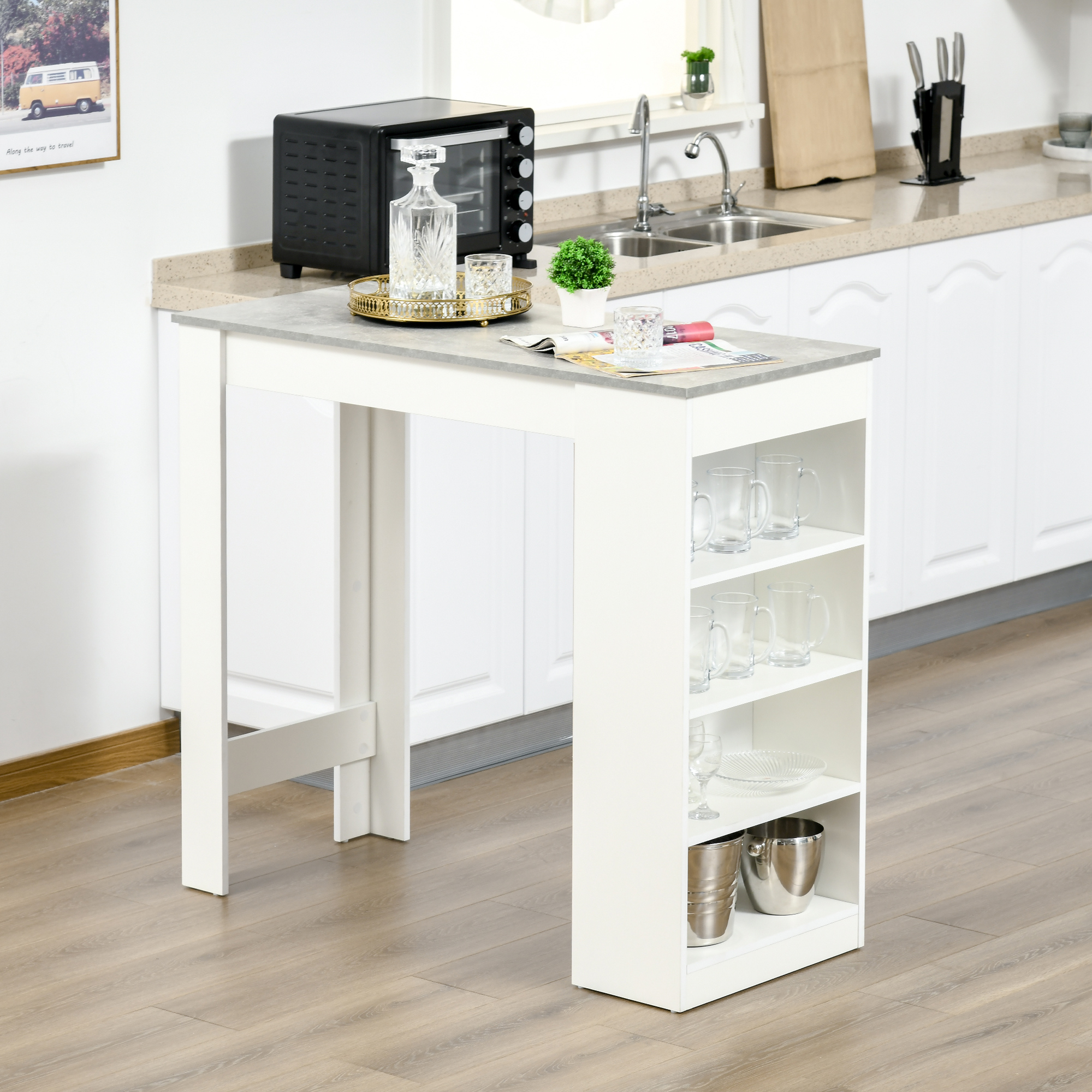 HOMCOM Bartisch Küchentisch mit 4-stöckigem Ablageregal mit Tischplatte für Restaurant Küche Wohnzimmer Spanplatte Weiß+Grau 115 x 50 x 102,7 cm Aosom – Bild 2 von 2