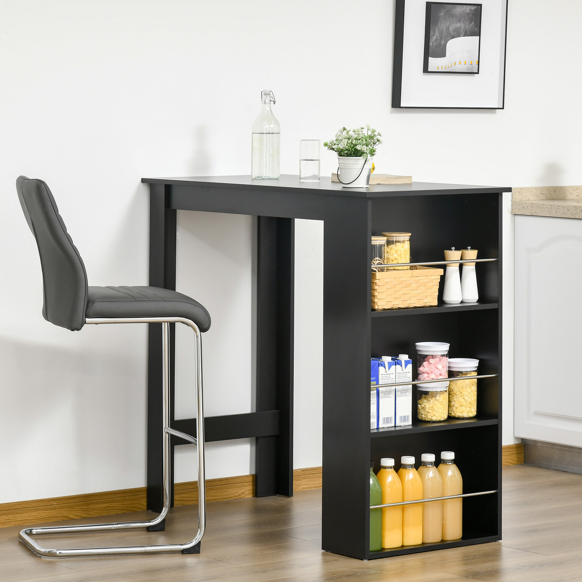 HOMCOM Bartisch moderner Esstisch Schreibtisch mit 3 Ablageflächen Schwarz Spanplatte 112 x 57 x106 cm Aosom – Bild 2 von 2