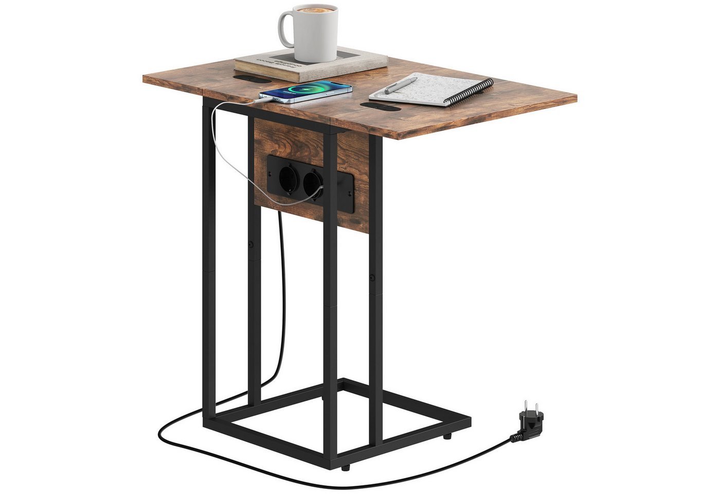 HOMCOM Beistelltisch C-förmig Nachttisch mit Steckdosenleiste, mit Beinen aus Metall (Kaffeetisch, 1-St., Couchtisch), Klappbare Tischplatte, Rustikal-Braun – Bild 2 von 5