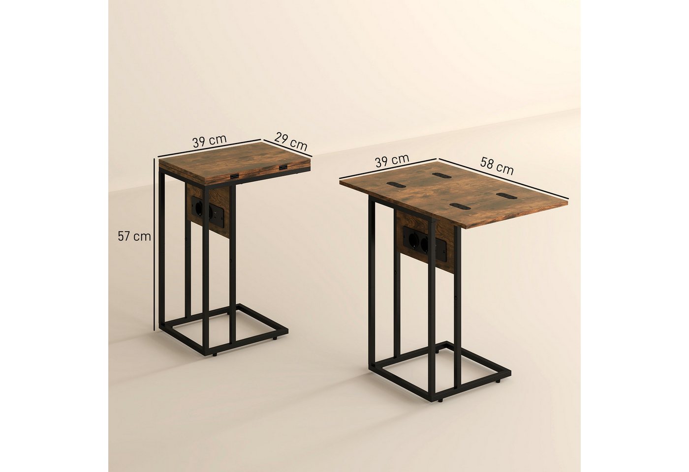 HOMCOM Beistelltisch C-förmig Nachttisch mit Steckdosenleiste, mit Beinen aus Metall (Kaffeetisch, 1-St., Couchtisch), Klappbare Tischplatte, Rustikal-Braun – Bild 3 von 5