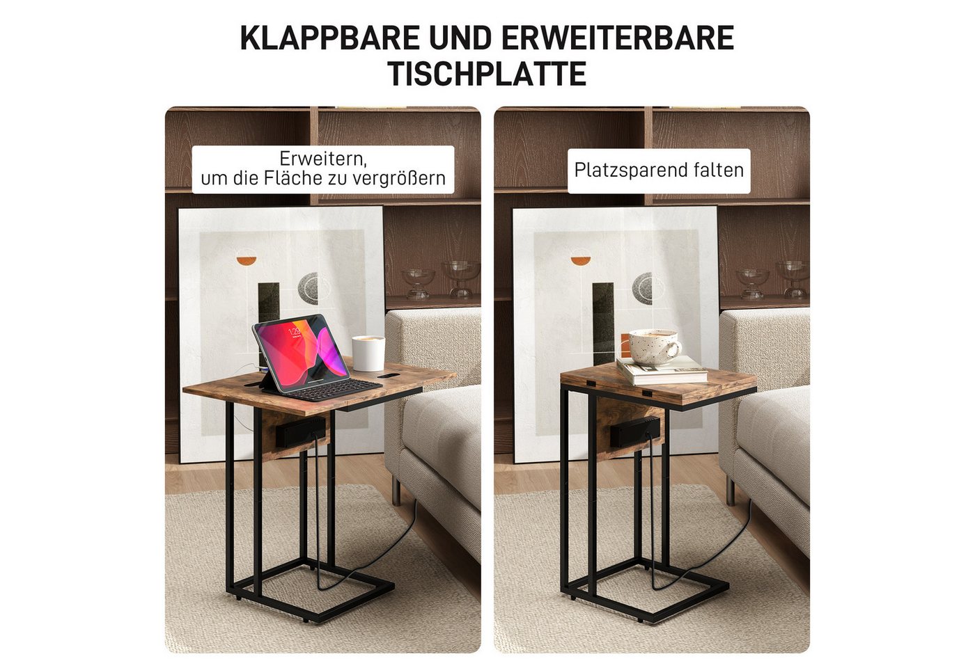 HOMCOM Beistelltisch C-förmig Nachttisch mit Steckdosenleiste, mit Beinen aus Metall (Kaffeetisch, 1-St., Couchtisch), Klappbare Tischplatte, Rustikal-Braun – Bild 4 von 5