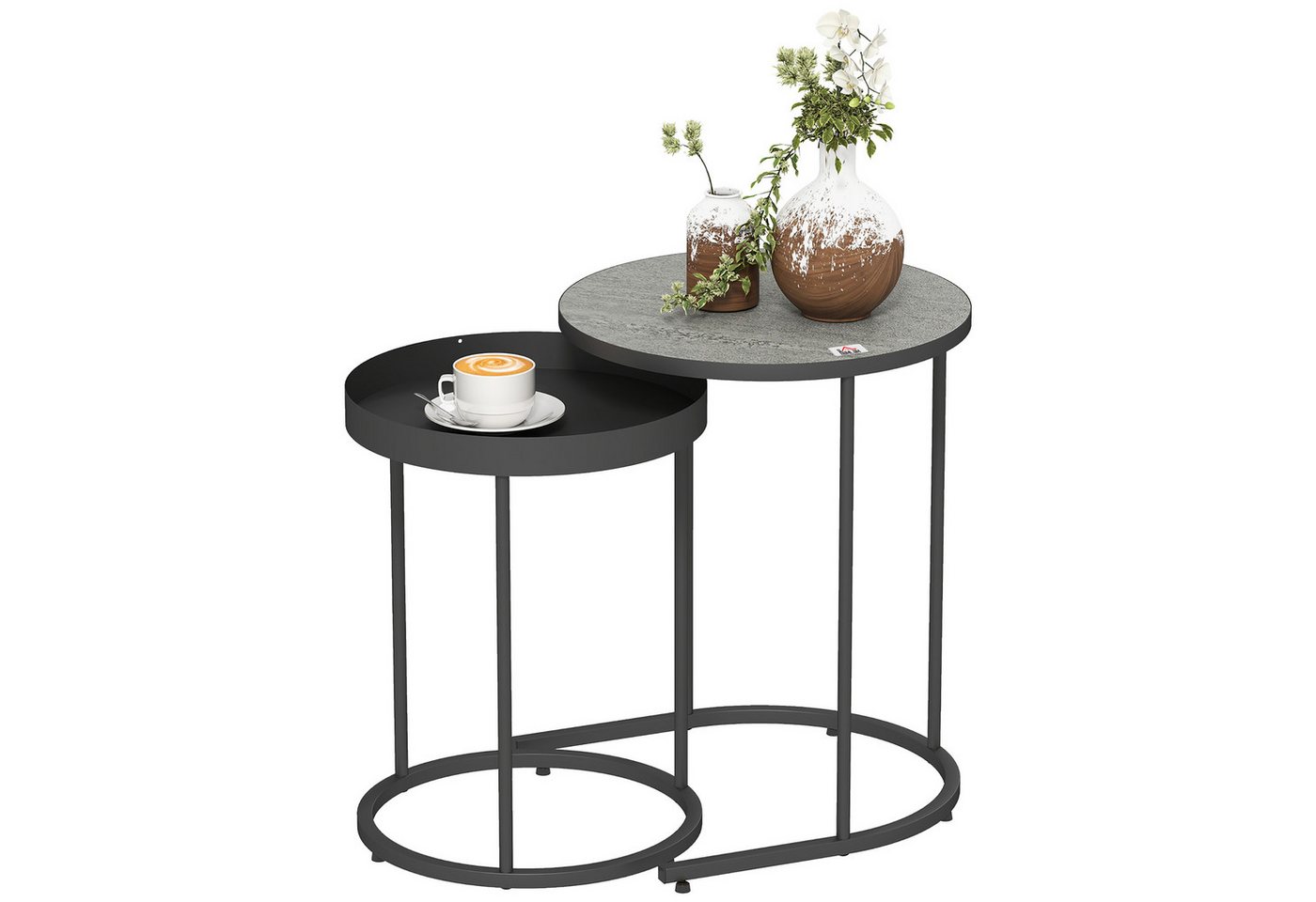 HOMCOM Beistelltisch Couchtisch 2er Set mit Tablett-Design, Holzoptik mit Metallgestell (2er Set Wohnzimmertisch, 2-St., Runder Couchtisch), für Wohnzimmer Grau – Bild 2 von 5