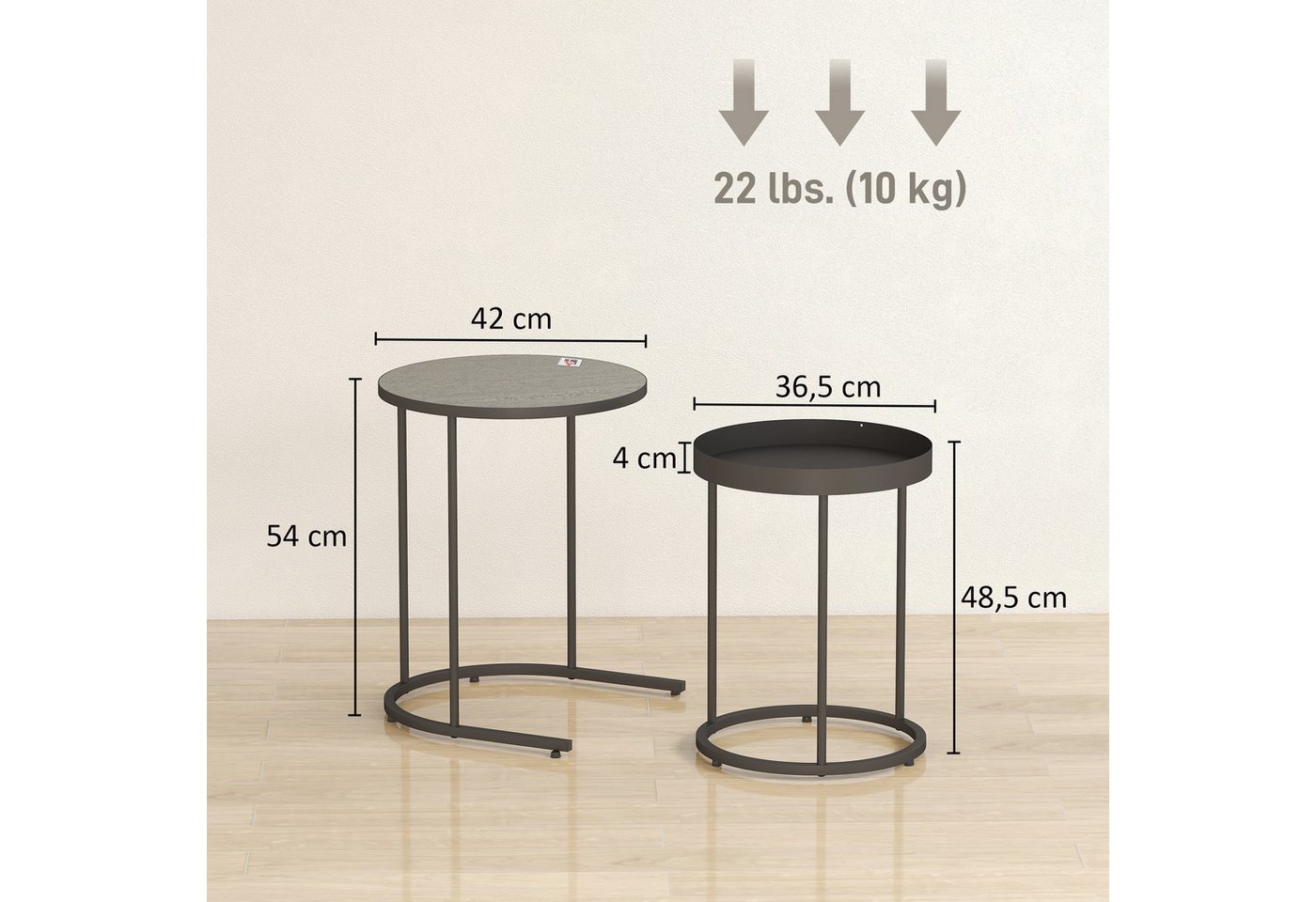 HOMCOM Beistelltisch Couchtisch 2er Set mit Tablett-Design, Holzoptik mit Metallgestell (2er Set Wohnzimmertisch, 2-St., Runder Couchtisch), für Wohnzimmer Grau – Bild 3 von 5