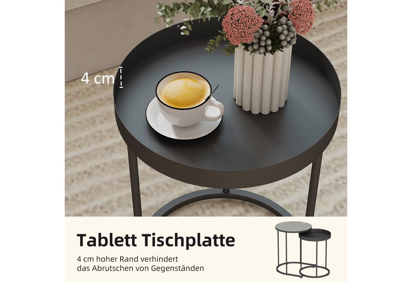 HOMCOM Beistelltisch Couchtisch 2er Set mit Tablett-Design, Holzoptik mit Metallgestell (2er Set Wohnzimmertisch, 2-St., Runder Couchtisch), für Wohnzimmer Grau – Bild 5 von 5