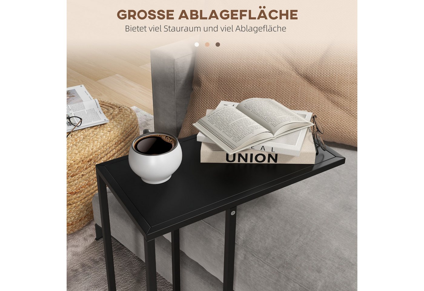 HOMCOM Beistelltisch Couchtisch, Sofatisch, Nachttisch mit Stahlgestell, Laptoptisch (Wohnzimmertisch, 1-St., Couchtisch), Schwarz, 46 x 26 x 60 cm – Bild 4 von 5