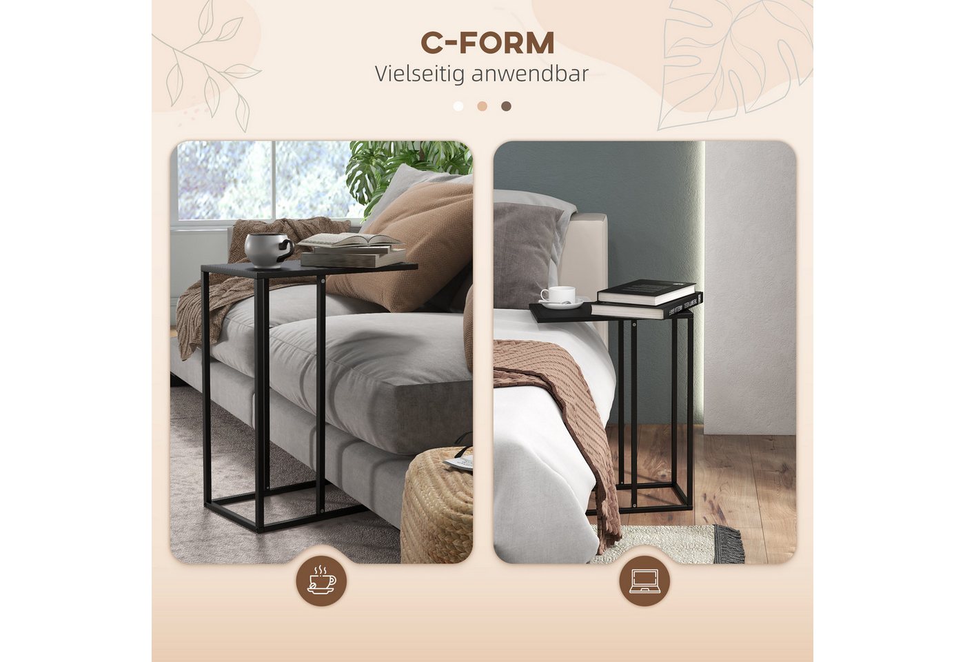 HOMCOM Beistelltisch Couchtisch, Sofatisch, Nachttisch mit Stahlgestell, Laptoptisch (Wohnzimmertisch, 1-St., Couchtisch), Schwarz, 46 x 26 x 60 cm – Bild 5 von 5