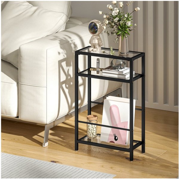 HOMCOM Beistelltisch Couchtisch, Zeitschriftenständer, Hartglasplatte, Stahlrahmen (Sofatisch, 1-St., Modernes Nachttisch), für Wohnzimmer, Schlafzimmer, Schwar