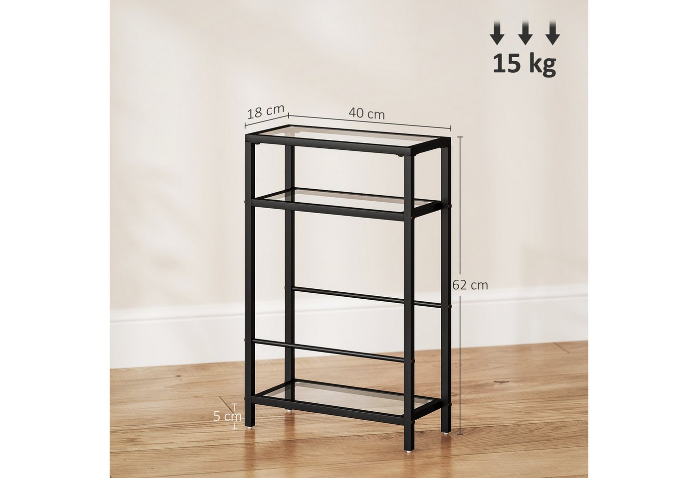 HOMCOM Beistelltisch Couchtisch, Zeitschriftenständer, Hartglasplatte, Stahlrahmen (Sofatisch, 1-St., Modernes Nachttisch), für Wohnzimmer, Schlafzimmer, Schwar – Bild 3 von 5