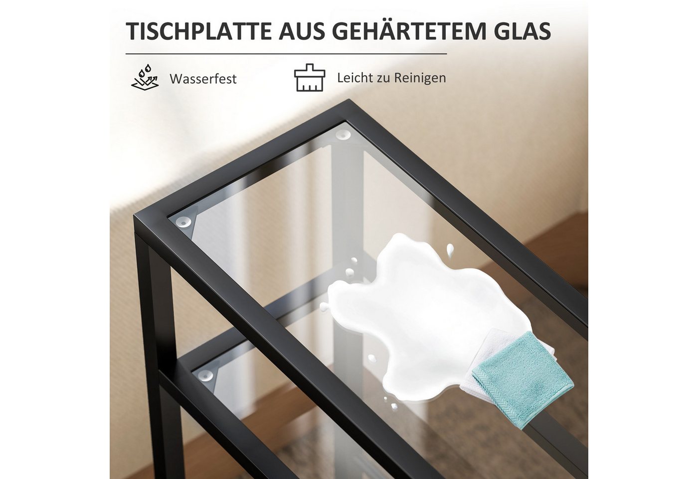 HOMCOM Beistelltisch Couchtisch, Zeitschriftenständer, Hartglasplatte, Stahlrahmen (Sofatisch, 1-St., Modernes Nachttisch), für Wohnzimmer, Schlafzimmer, Schwar – Bild 4 von 5