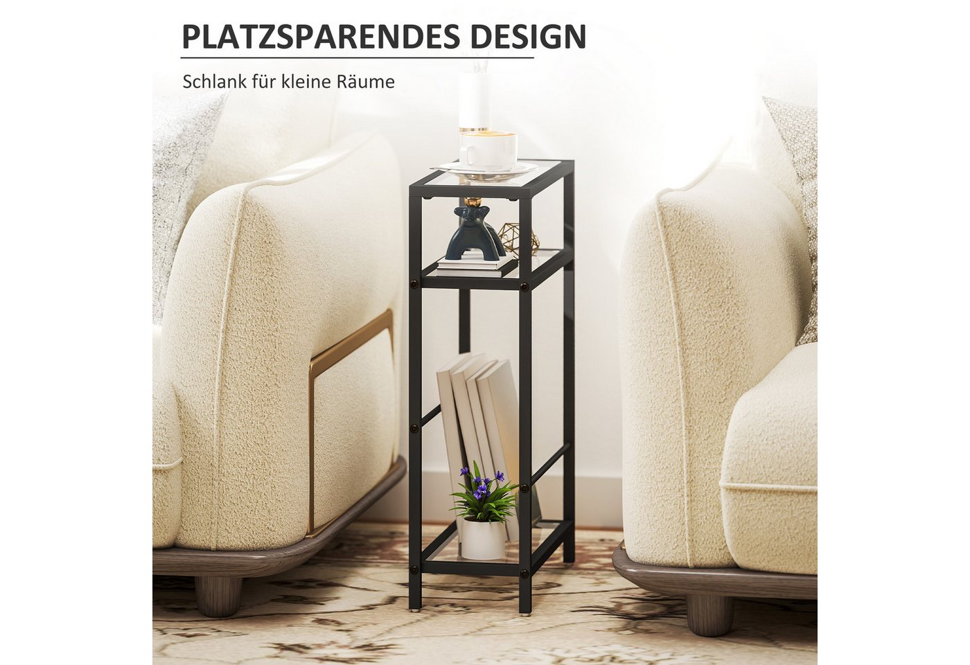HOMCOM Beistelltisch Couchtisch, Zeitschriftenständer, Hartglasplatte, Stahlrahmen (Sofatisch, 1-St., Modernes Nachttisch), für Wohnzimmer, Schlafzimmer, Schwar – Bild 5 von 5