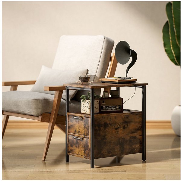 HOMCOM Beistelltisch Couchtisch Kaffeetisch mit Steckdosenleiste, 2 Schubladen (Sofatisch, 1-St., Nachttisch), für Wohnzimmer, Schlafzimmer, Rustikal-Braun