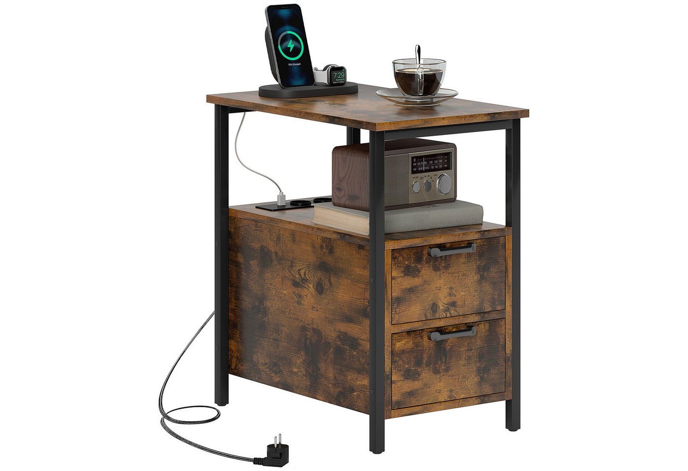 HOMCOM Beistelltisch Couchtisch Kaffeetisch mit Steckdosenleiste, 2 Schubladen (Sofatisch, 1-St., Nachttisch), für Wohnzimmer, Schlafzimmer, Rustikal-Braun – Bild 2 von 5