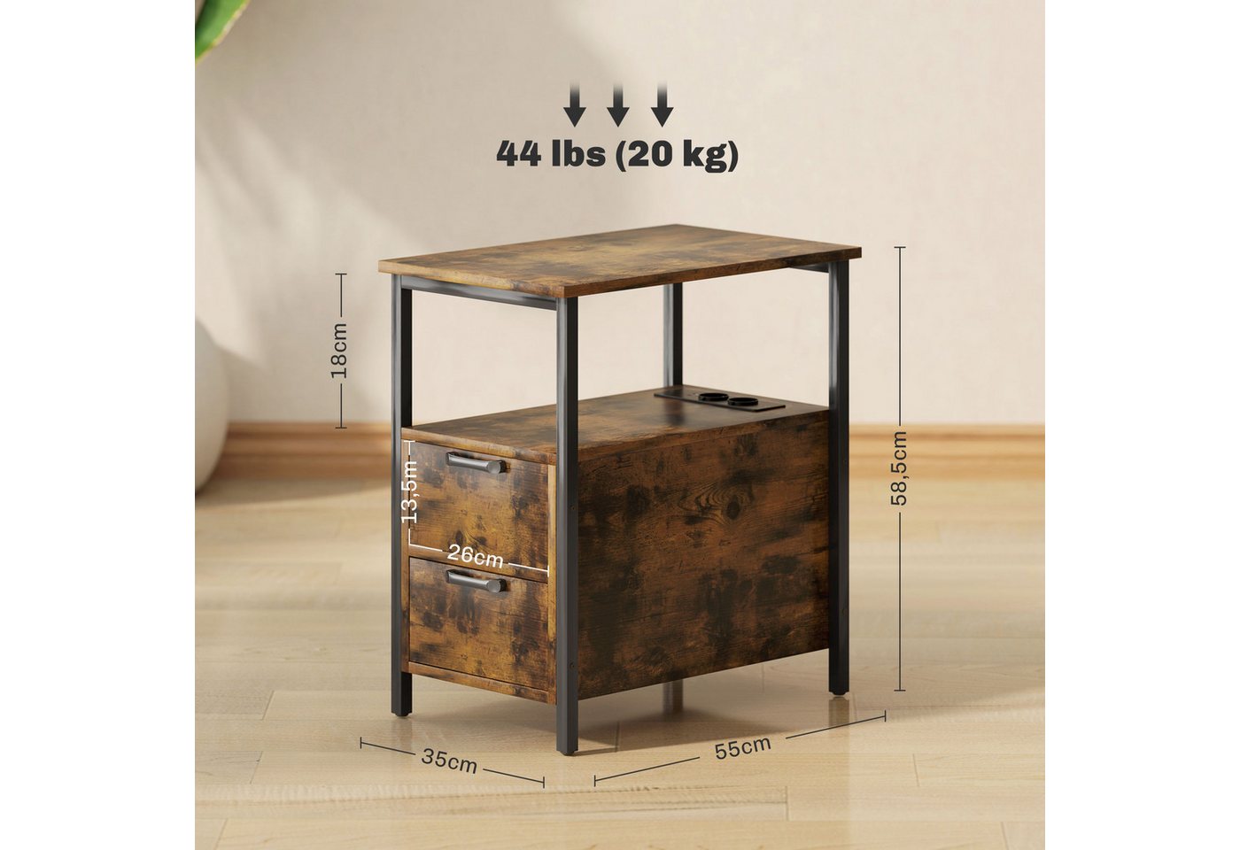 HOMCOM Beistelltisch Couchtisch Kaffeetisch mit Steckdosenleiste, 2 Schubladen (Sofatisch, 1-St., Nachttisch), für Wohnzimmer, Schlafzimmer, Rustikal-Braun – Bild 3 von 5