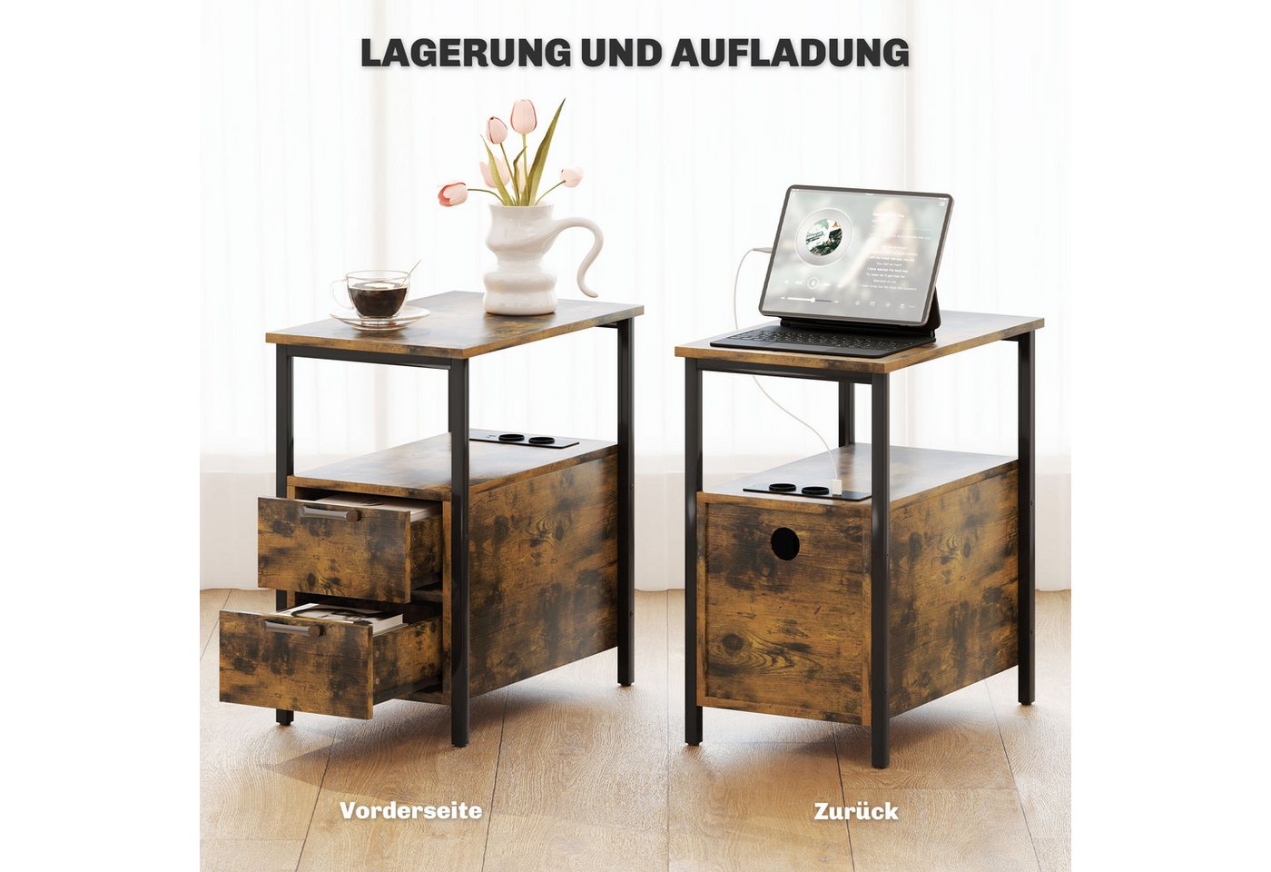 HOMCOM Beistelltisch Couchtisch Kaffeetisch mit Steckdosenleiste, 2 Schubladen (Sofatisch, 1-St., Nachttisch), für Wohnzimmer, Schlafzimmer, Rustikal-Braun – Bild 4 von 5