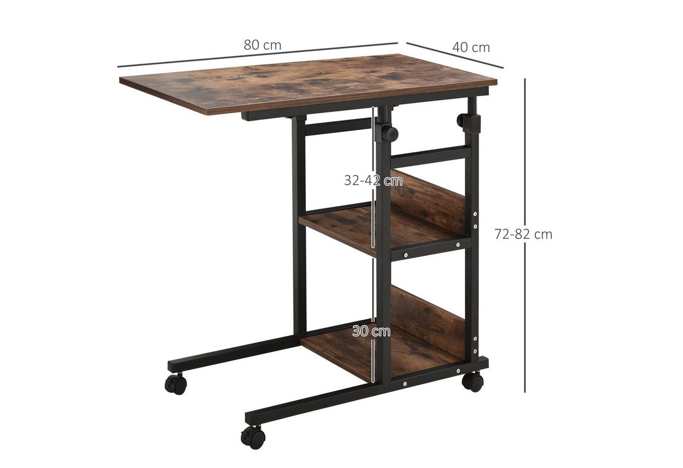 HOMCOM Beistelltisch Couchtisch mit Rollen, Sofatisch, Schreibtisch mit 2 unteren Regalen (Laptoptisch, 1-St., Betttisch), für Esszimmer Wohnzimmer, Metall, Bra – Bild 3 von 5