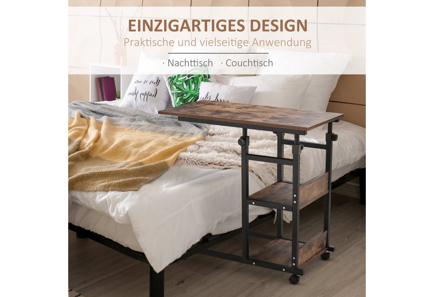 HOMCOM Beistelltisch Couchtisch mit Rollen, Sofatisch, Schreibtisch mit 2 unteren Regalen (Laptoptisch, 1-St., Betttisch), für Esszimmer Wohnzimmer, Metall, Bra – Bild 4 von 5