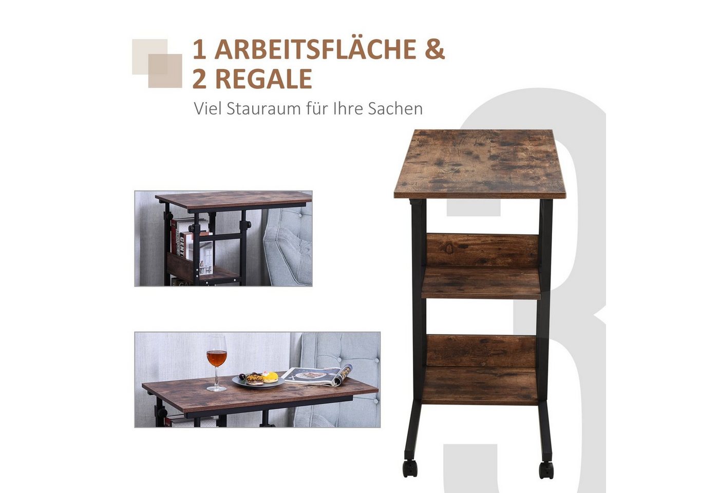 HOMCOM Beistelltisch Couchtisch mit Rollen, Sofatisch, Schreibtisch mit 2 unteren Regalen (Laptoptisch, 1-St., Betttisch), für Esszimmer Wohnzimmer, Metall, Bra – Bild 5 von 5