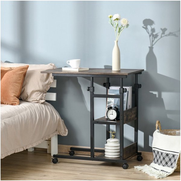 HOMCOM Beistelltisch Couchtisch mit Rollen, Schreibtisch mit 2 unteren Regalen, Sofatisch (Laptoptisch, 1-St., Betttisch), für Esszimmer Wohnzimmer, Metall, Bra