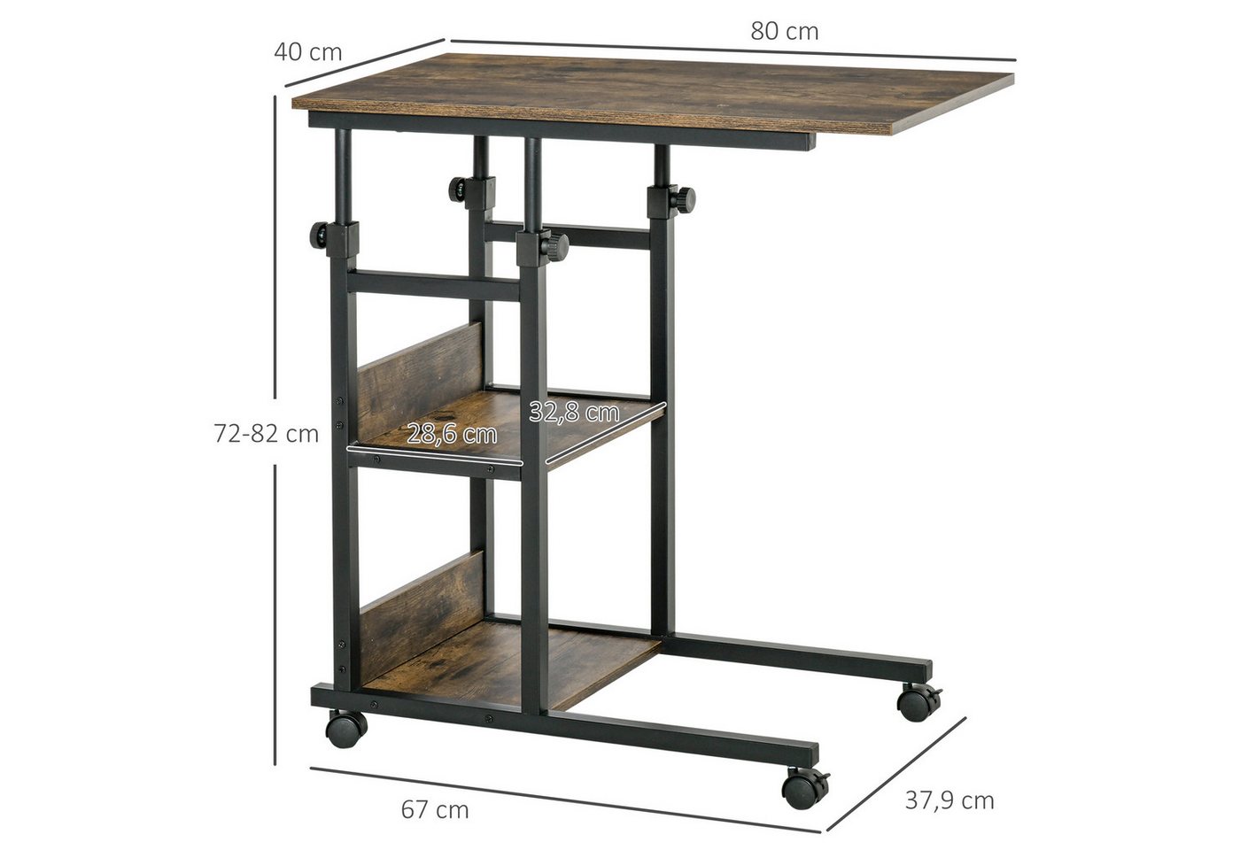 HOMCOM Beistelltisch Couchtisch mit Rollen, Schreibtisch mit 2 unteren Regalen, Sofatisch (Laptoptisch, 1-St., Betttisch), für Esszimmer Wohnzimmer, Metall, Bra – Bild 3 von 5