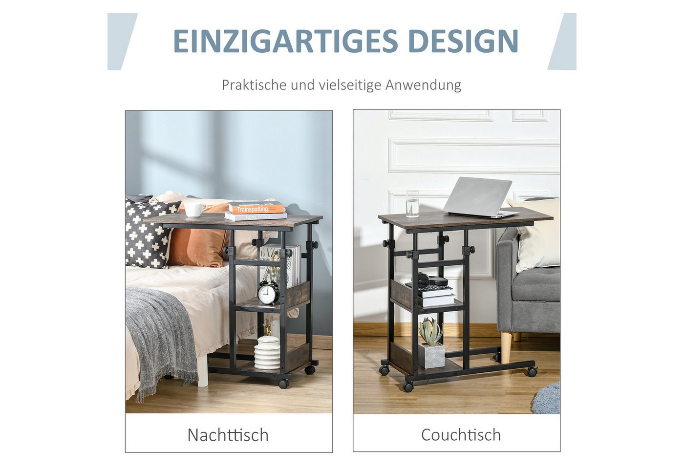 HOMCOM Beistelltisch Couchtisch mit Rollen, Schreibtisch mit 2 unteren Regalen, Sofatisch (Laptoptisch, 1-St., Betttisch), für Esszimmer Wohnzimmer, Metall, Bra – Bild 4 von 5