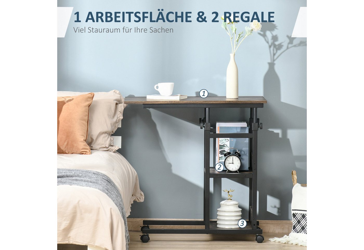 HOMCOM Beistelltisch Couchtisch mit Rollen, Schreibtisch mit 2 unteren Regalen, Sofatisch (Laptoptisch, 1-St., Betttisch), für Esszimmer Wohnzimmer, Metall, Bra – Bild 5 von 5