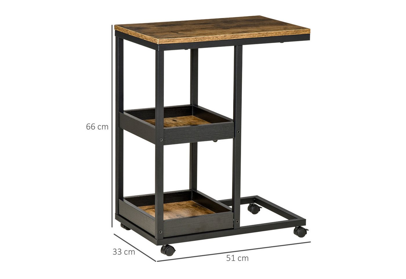 HOMCOM Beistelltisch Couchtisch mit Rollen, Ablage, Industrie-Stil (Couchtisch, 1-St., Kaffeetisch), für Wohnzimmer, Schlafzimmer, Dunkelbraun, 51 x 33 x 66 cm – Bild 3 von 5