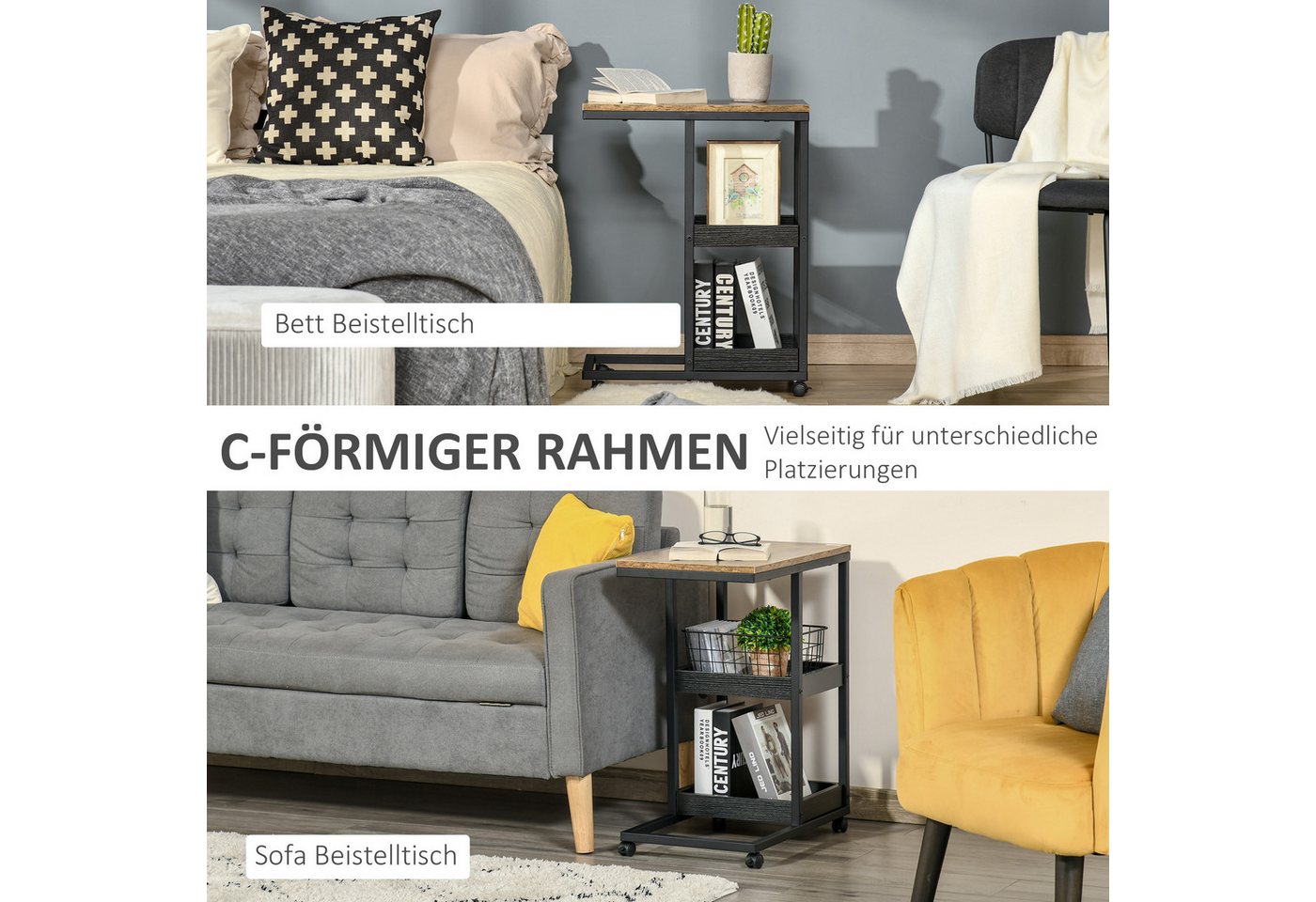 HOMCOM Beistelltisch Couchtisch mit Rollen, Ablage, Industrie-Stil (Couchtisch, 1-St., Kaffeetisch), für Wohnzimmer, Schlafzimmer, Dunkelbraun, 51 x 33 x 66 cm – Bild 4 von 5