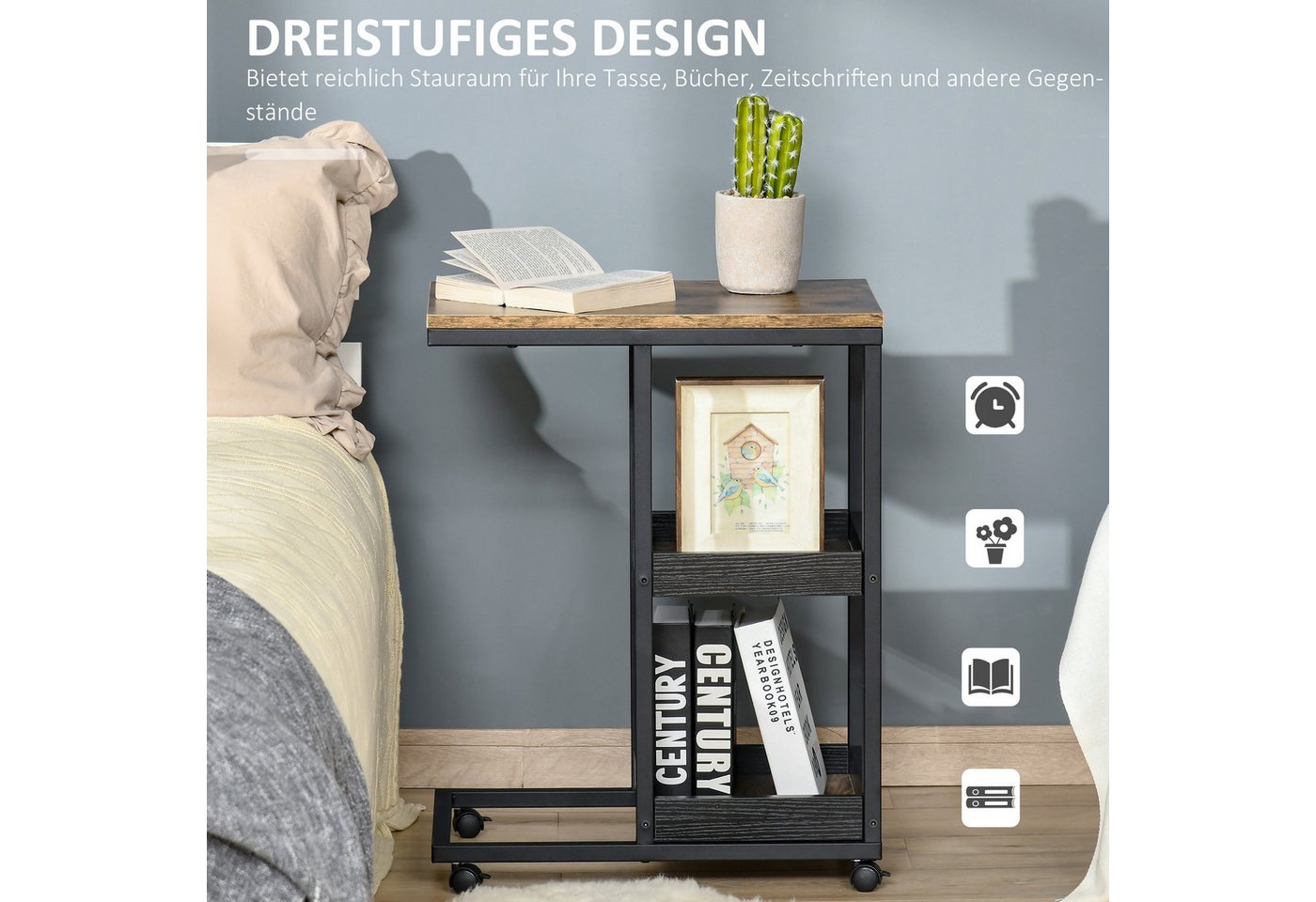 HOMCOM Beistelltisch Couchtisch mit Rollen, Ablage, Industrie-Stil (Couchtisch, 1-St., Kaffeetisch), für Wohnzimmer, Schlafzimmer, Dunkelbraun, 51 x 33 x 66 cm – Bild 5 von 5