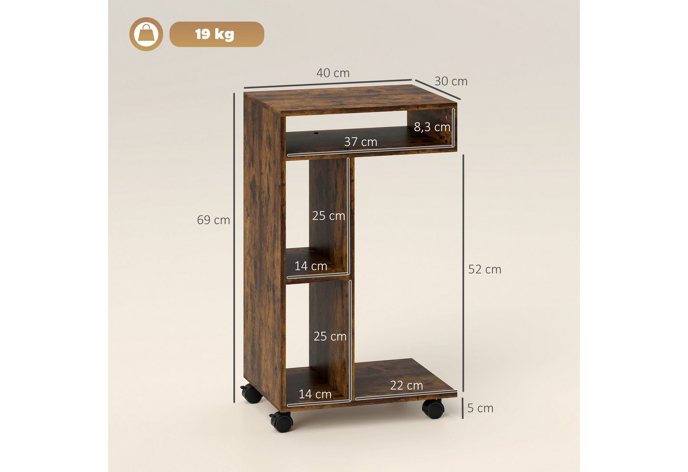 HOMCOM Beistelltisch Nachttisch, Couchtisch mit 4 Regalen, Rollen (C-förmig Wohnzimmertisch, 1-St., Laptoptisch), für Wohnzimmer Schlafzimmer 40 x 30 x 69 cm Ru – Bild 3 von 5