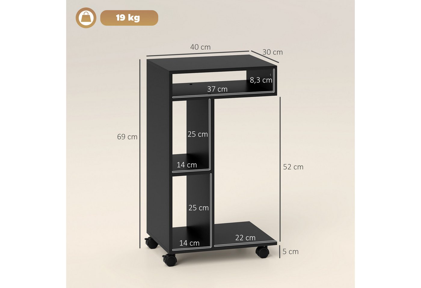 HOMCOM Beistelltisch Nachttisch, Couchtisch mit 4 Regalen, Rollen (C-förmig Wohnzimmertisch, 1-St., Laptoptisch), für Wohnzimmer Schlafzimmer 40 x 30 x 69 cm Sc – Bild 3 von 5