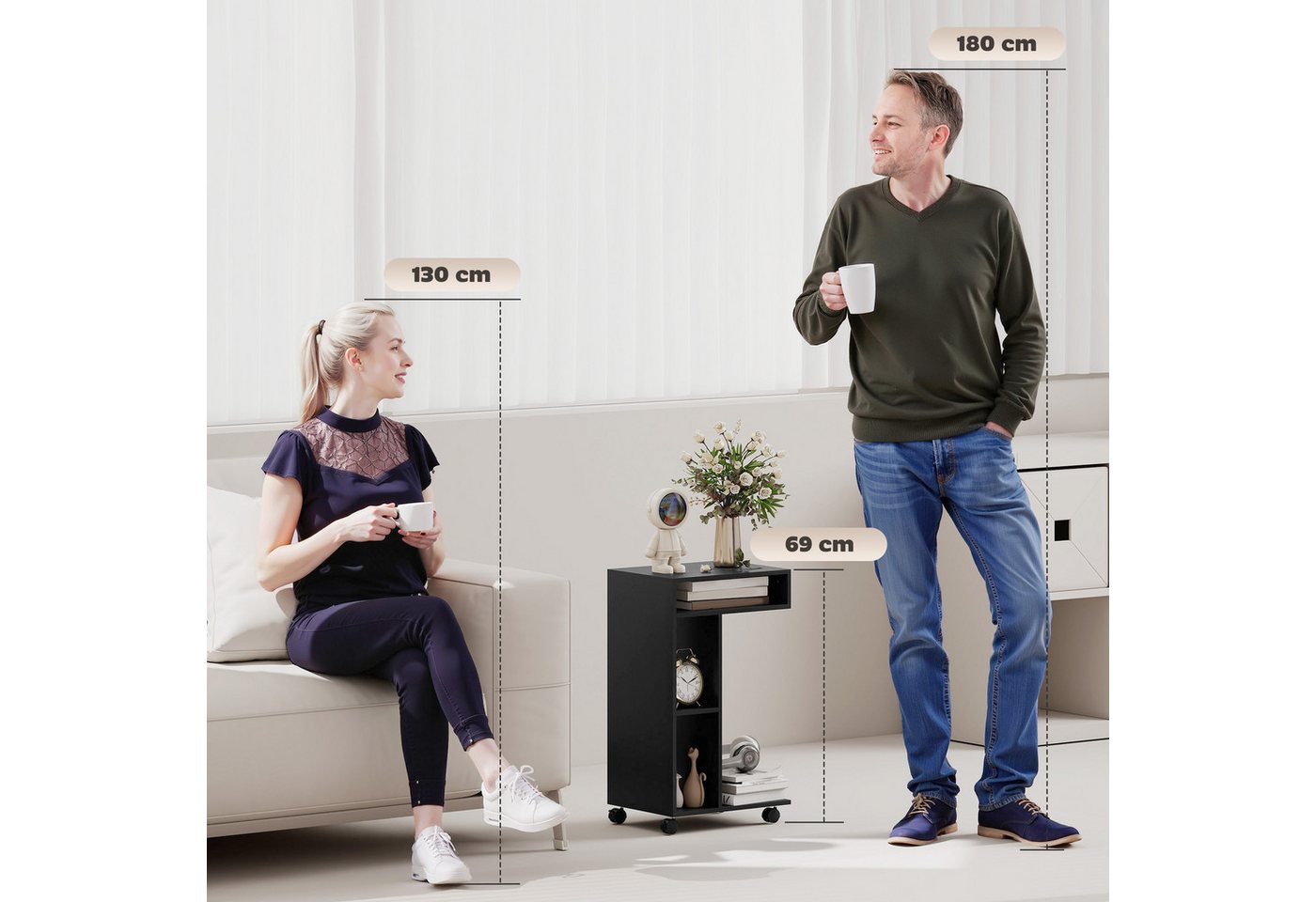 HOMCOM Beistelltisch Nachttisch, Couchtisch mit 4 Regalen, Rollen (C-förmig Wohnzimmertisch, 1-St., Laptoptisch), für Wohnzimmer Schlafzimmer 40 x 30 x 69 cm Sc – Bild 4 von 5