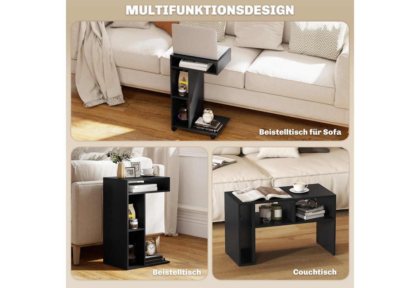 HOMCOM Beistelltisch Nachttisch, Couchtisch mit 4 Regalen, Rollen (C-förmig Wohnzimmertisch, 1-St., Laptoptisch), für Wohnzimmer Schlafzimmer 40 x 30 x 69 cm Sc – Bild 5 von 5