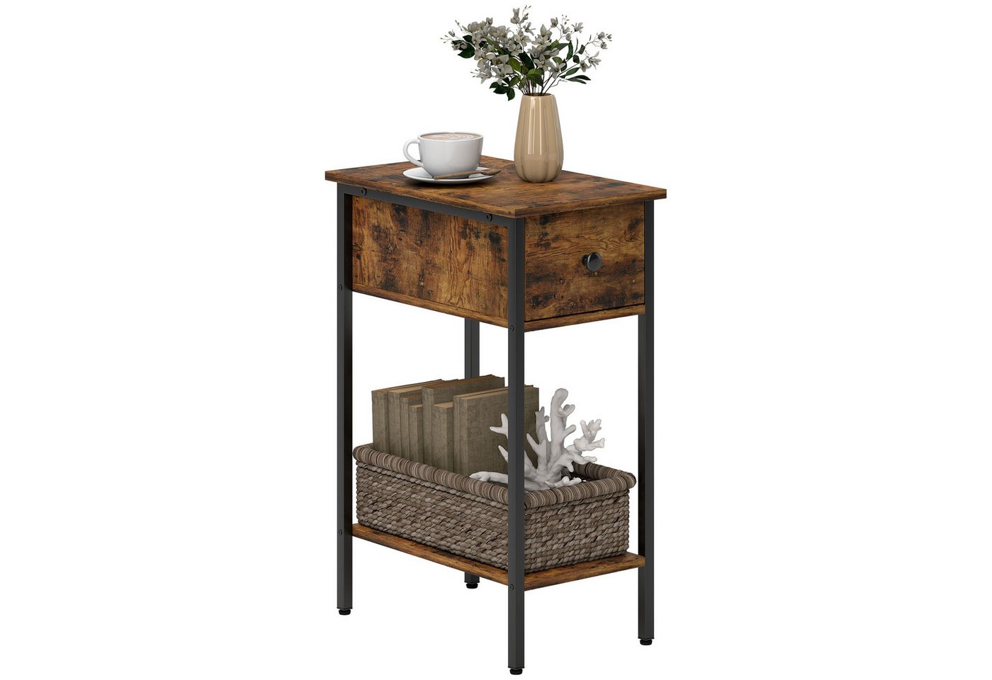 HOMCOM Beistelltisch Schmal Couchtisch mit Schublade, Ablage, Industrie Nachttisch (Schmal Couchtisch, 1-St., Nachttisch), für Wohnzimmer, Schlafzimmer, 25 x 39 – Bild 2 von 5