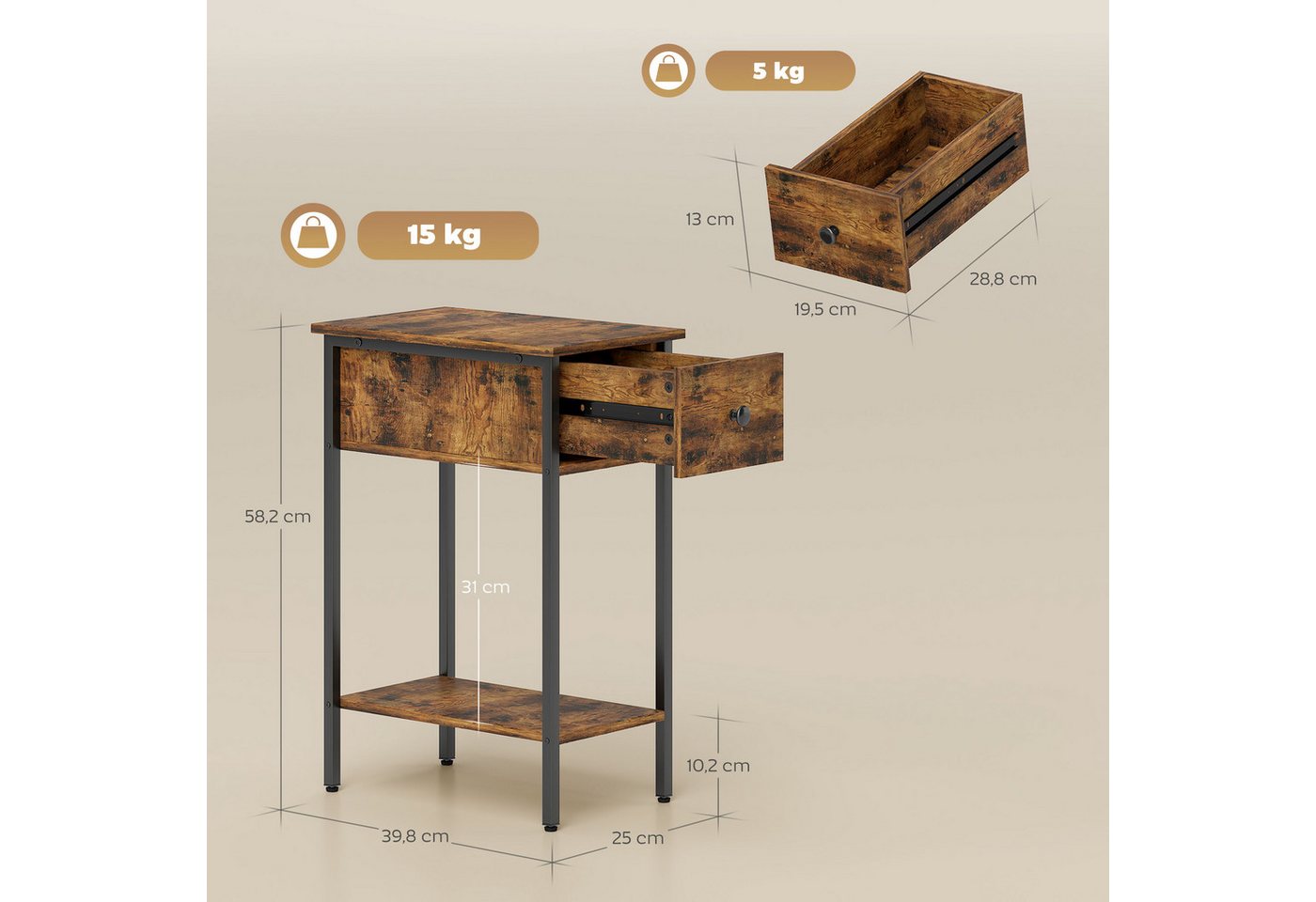 HOMCOM Beistelltisch Schmal Couchtisch mit Schublade, Ablage, Industrie Nachttisch (Schmal Couchtisch, 1-St., Nachttisch), für Wohnzimmer, Schlafzimmer, 25 x 39 – Bild 3 von 5