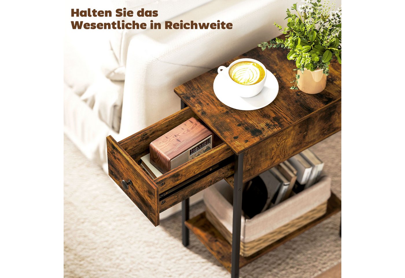 HOMCOM Beistelltisch Schmal Couchtisch mit Schublade, Ablage, Industrie Nachttisch (Schmal Couchtisch, 1-St., Nachttisch), für Wohnzimmer, Schlafzimmer, 25 x 39 – Bild 4 von 5