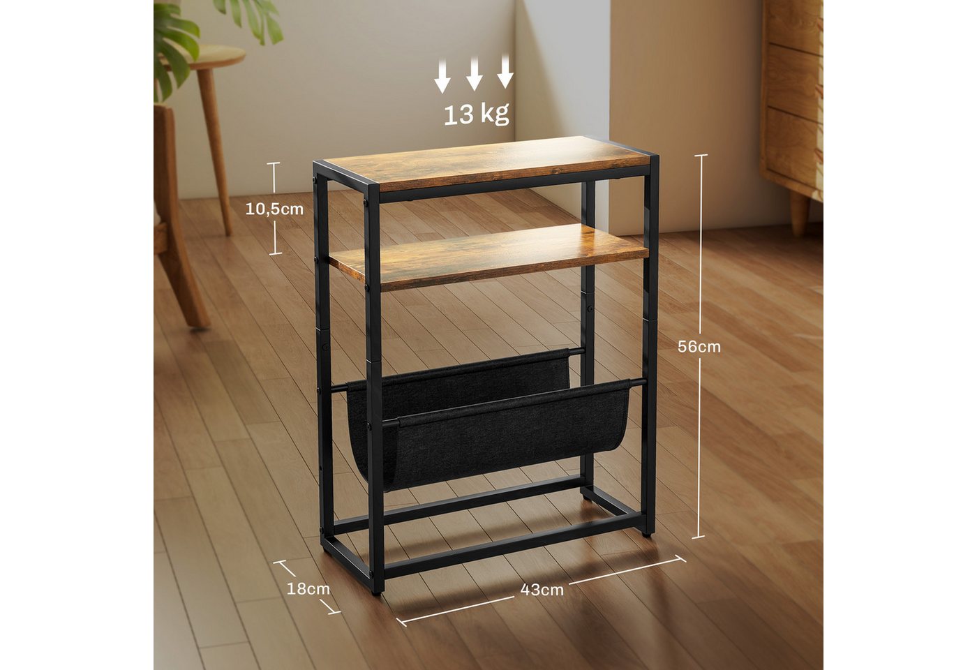 HOMCOM Beistelltisch Schmaler, mit 3-stuf. Ablage, V-förm. Magazinhalter, industriell (Couchtisch, 1-St., Nachttisch), 43 x 18 x 56 cm, Rustikal Braun – Bild 3 von 5