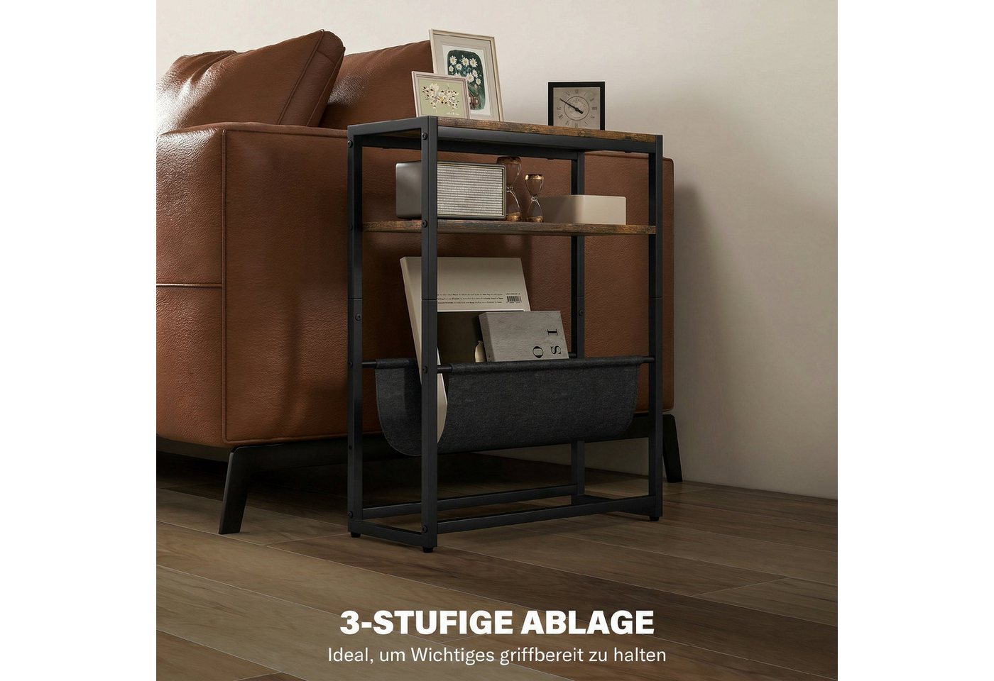 HOMCOM Beistelltisch Schmaler, mit 3-stuf. Ablage, V-förm. Magazinhalter, industriell (Couchtisch, 1-St., Nachttisch), 43 x 18 x 56 cm, Rustikal Braun – Bild 4 von 5