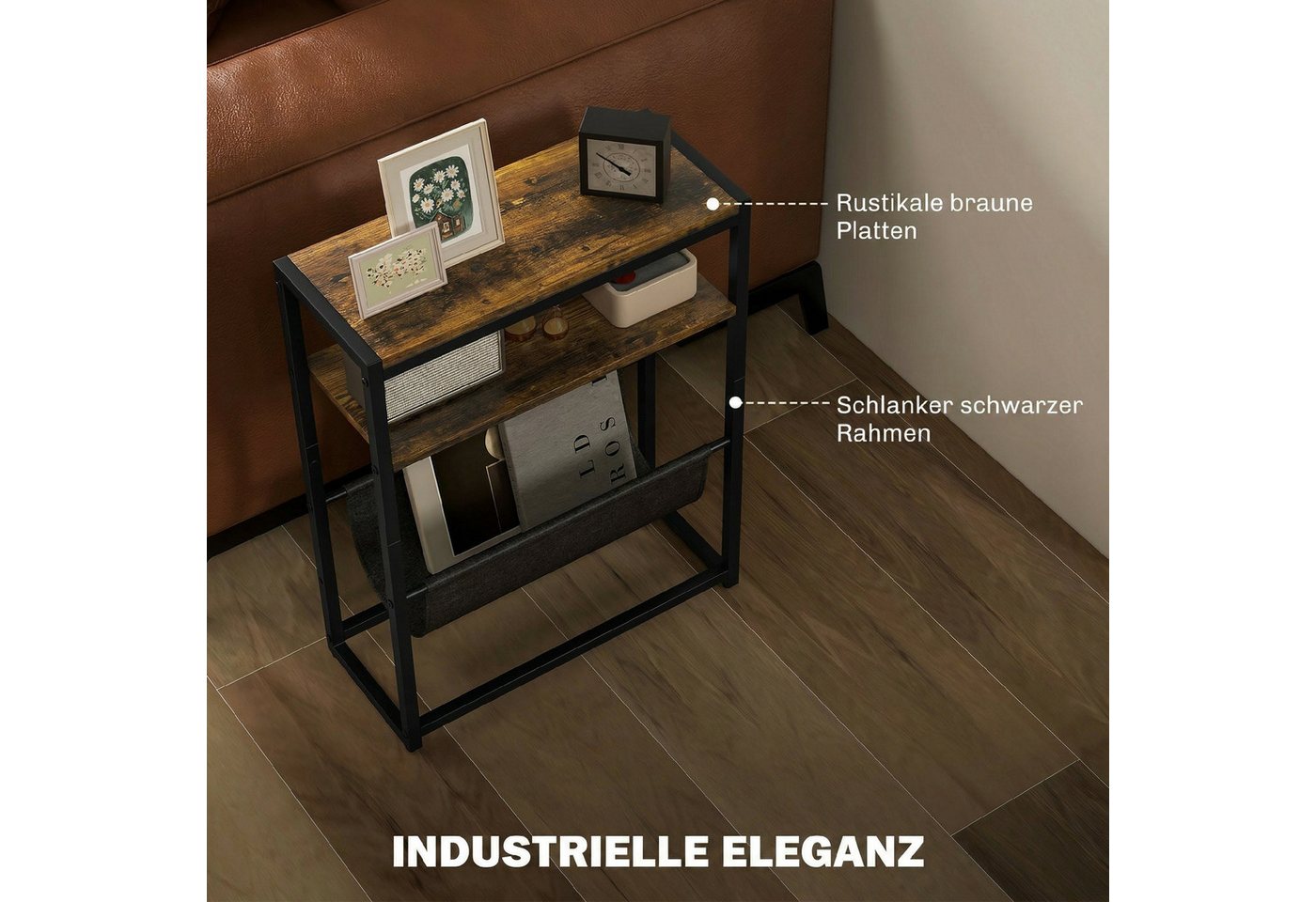 HOMCOM Beistelltisch Schmaler, mit 3-stuf. Ablage, V-förm. Magazinhalter, industriell (Couchtisch, 1-St., Nachttisch), 43 x 18 x 56 cm, Rustikal Braun – Bild 5 von 5