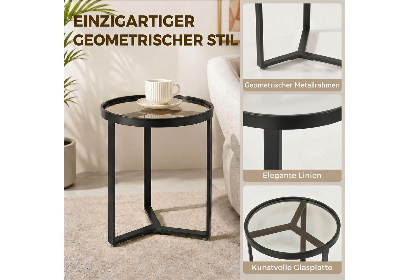 HOMCOM Beistelltisch (Set, 1-St., 1 Tisch), Kompakter, moderner Glastisch, ideal für kleine Räume – Bild 4 von 5